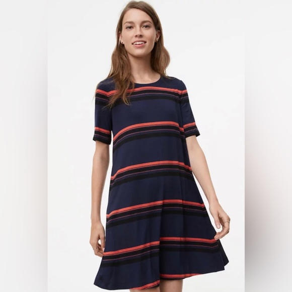 Ann Taylor Loft Striped Short Sleeve Swing Dress Navy/Coral size LP - Picture 1 of 9